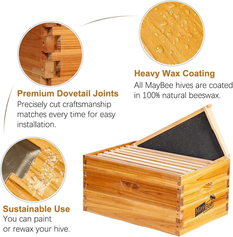 MayBee 8-Frame Beehive Box Langstroth Deep Brood Box Dipped in 100% Beeswax Includes Wooden Frames & Waxed Foundations (Unassembled) - Image 2